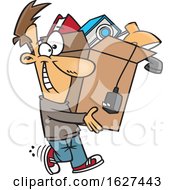 Cartoon Happy White Man Carrying A Box Of Stuff To Get Rid Of