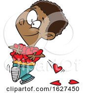 Poster, Art Print Of Cartoon Black Boy Holding An Armful Of Valentines Day Love Hearts