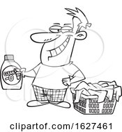 Cartoon Black And White Grinning Laundry Lord Man Holding Detergent By A Basket