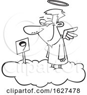Cartoon Black And White Male Angel Grinning On Cloud Nine