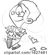 Cartoon Black And White Black Boy Holding An Armful Of Valentines Day Love Hearts