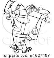 Poster, Art Print Of Cartoon Black And White Happy Man Carrying A Box Of Stuff To Get Rid Of