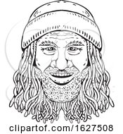 Poster, Art Print Of Rastafarian Dude Head Front Drawing Black And White