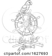 Poster, Art Print Of Black And White Pirate Parrot On A Helm Over Weapons