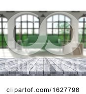 Poster, Art Print Of 3d Wooden Table Looking Out To A Defocussed Room Interior