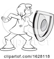Poster, Art Print Of Cartoon Grayscale Woman On Guard And Protecting With A Shield