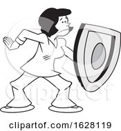 Cartoon Grayscale Black Woman On Guard And Protecting With A Shield