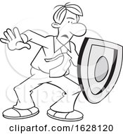 Cartoon Grayscale Man On Guard And Protecting With A Shield