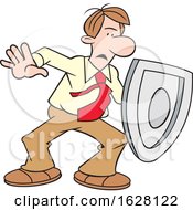 Cartoon White Man On Guard And Protecting With A Shield