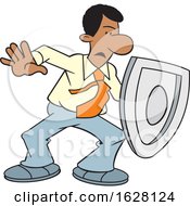 Cartoon Black Man On Guard And Protecting With A Shield
