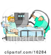 Clipart Illustration Image Of A Nervous Male Patient Lying On His Stomach With His Butt Up In The Air Clutching The Side Of A Matress Of A Hospital Bed While A Proctologist Doctor Prepares To Insert A Machine Into The Anus For A Colonoscopy And A Nurse H by djart