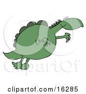 Chubby Green Dinosaur Leaping Through The Air While Jumping For Something He Wants