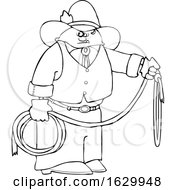Poster, Art Print Of Cartoon Black And White Cowboy Holding A Lariat Rope