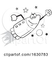 Poster, Art Print Of Cartoon Grayscale Determined Rocket Mascot Character Flying