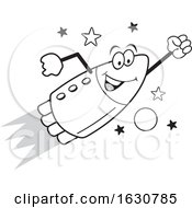 Poster, Art Print Of Cartoon Grayscale Happy Rocket Mascot Character Flying