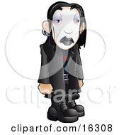 Sad Trendy Teenage Gothic Boy With Black Hair Earrings White Face Makeup And Black Lipstick Wearing Black Leather Clothes Clipart Illustration Graphic