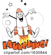 Poster, Art Print Of Cartoon Jumping Rocket Character Over Launching Text