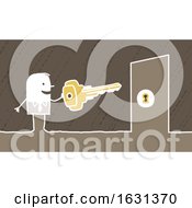 Poster, Art Print Of White Stick Business Man Holding An Access Key To A Door