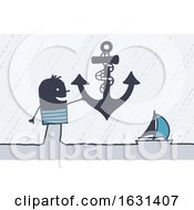 Poster, Art Print Of Black Stick Man Sailor Holding An Anchor Near A Sailboat