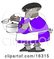 Poster, Art Print Of An African American Woman In A Purple Dress White Apron Gray Socks And Slippers Holding A Spoon And Pot While Cooking Soup For Supper In A Kitchen