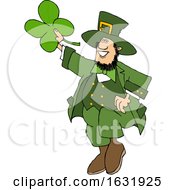 Cartoon St Patricks Day Leprechaun Holding Up A Four Leaf Clover