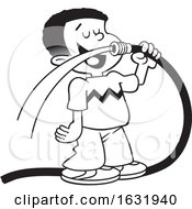 Cartoon Grayscale Black Boy Drinking Water From A Garden Hose