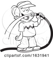 Poster, Art Print Of Cartoon Black And White Boy Drinking Water From A Garden Hose