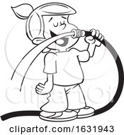 Poster, Art Print Of Cartoon Black And White Girl Drinking Water From A Garden Hose