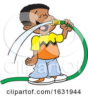 Poster, Art Print Of Cartoon Black Boy Drinking Water From A Garden Hose