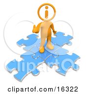Orange Person With An I Inside His Circle Head Standing On Top Of Blue Puzzle Pieces Symbolizing Information And Technical Support