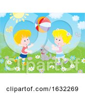 Poster, Art Print Of Blond Boy And Girl Playing With A Ball Outside