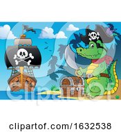 Poster, Art Print Of Pirate Crocodile On A Beach With Treasure And Ship In The Distance