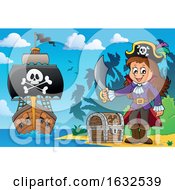 Pirate Girl On A Beach With Treasure And Ship In The Distance