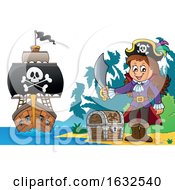 Poster, Art Print Of Pirate Girl On A Beach With Treasure And Ship In The Distance