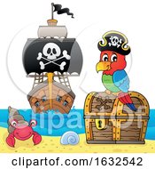 Poster, Art Print Of Pirate Parrot On A Beach With Treasure And Ship In The Distance