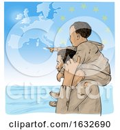 Migrant Father Carrying His Pointing Son On His Shoulders As They Look Over The Sea With A European Map In The Sky