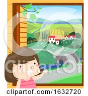 Kid Girl Rural Window Scene Illustration