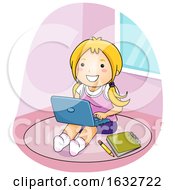 Kid Girl Laptop Floor Illustration
