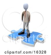Professional Business Man Standing On Top Of A Blue Puzzle Piece Symbolizing The Missing Piece To A Puzzle Someone Coming In To Solve Problems Etc Clipart Illustration Graphic