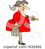 Cartoon Chubby White Woman Holding A Bag Of Oranges And Unlocking A Door