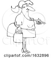 Cartoon Black And White Chubby Woman Holding A Bag Of Oranges And Unlocking A Door