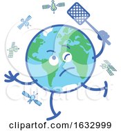 Earth Globe Character Swatting At Satellites by Zooco