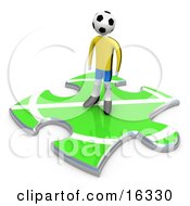 Lone Soccer Player With A Ball As A Head Standing On A Green Puzzle Piece With Part Of A Field Symbolizing Only Part Of A Team