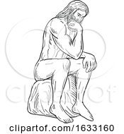 Man With Beard Sitting Thinking Drawing Black And White