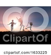 3D Silhouettes Of Children Playing In A Sunset Landscape