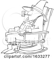 Cartoon Black And White Senior Man Smoking A Pipe And Sitting In A Rocking Chair