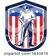 Poster, Art Print Of Retro Woodcut Pressure Washer Worker Over An American Shield