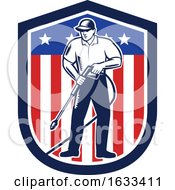 Poster, Art Print Of Retro Woodcut Strong Pressure Washer Worker Over An American Shield
