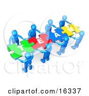 Team Of 8 Blue People Holding Up Connected Pieces To A Colorful Puzzle That Spells Out Team Symbolizing Excellent Teamwork Success And Link Exchanging Clipart Illustration Graphic by 3poD #COLLC16337-0033