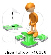 Orange Person Standing On A Green Puzzle Piece Teeing Off And Aiming For A Hole On Another Piece Symbolizing Goals